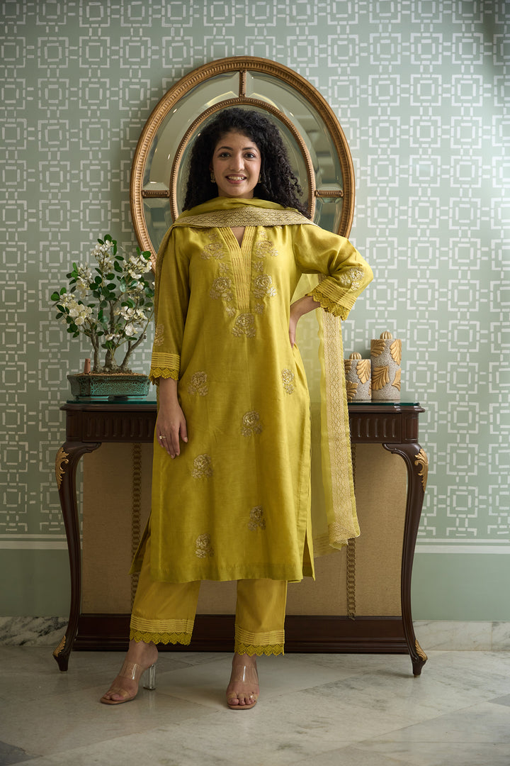 lime green embroidered v neck chanderi kurta set