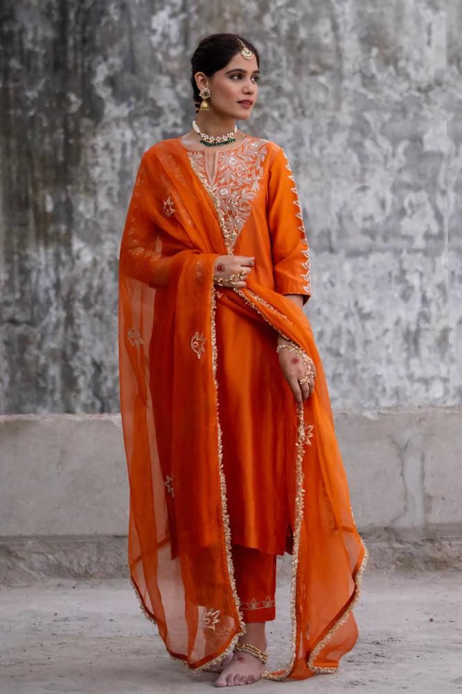 Orange Marori Work Straight Kurta Set