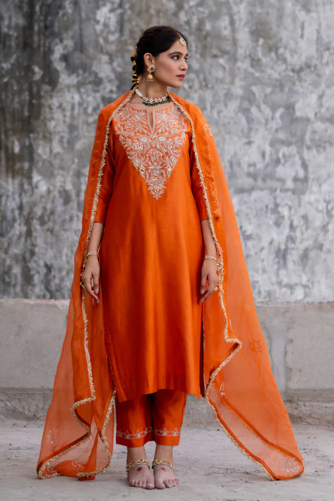 Orange Marori Work Straight Kurta Set
