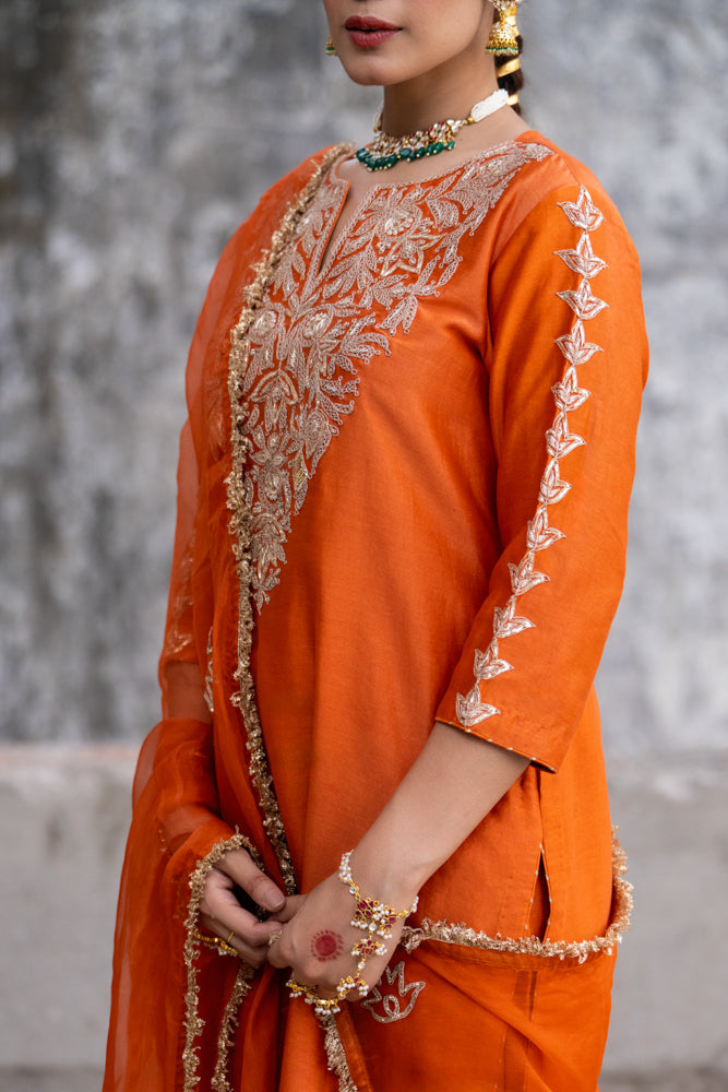 Orange Marori Work Straight Kurta Set