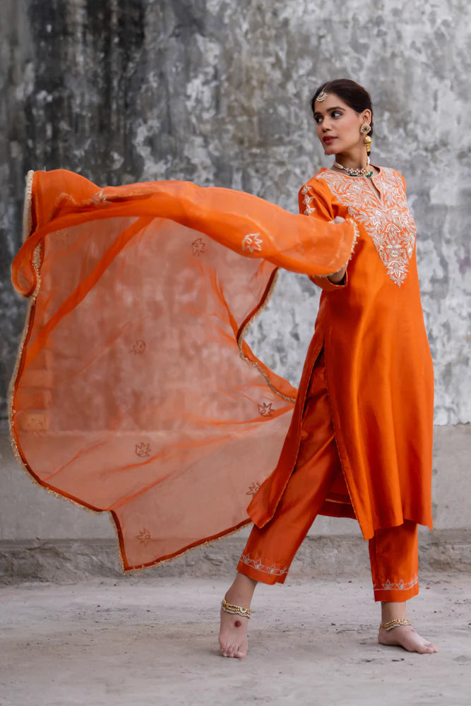 Orange Marori Work Straight Kurta Set