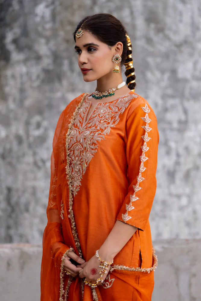 Orange Marori Work Straight Kurta Set