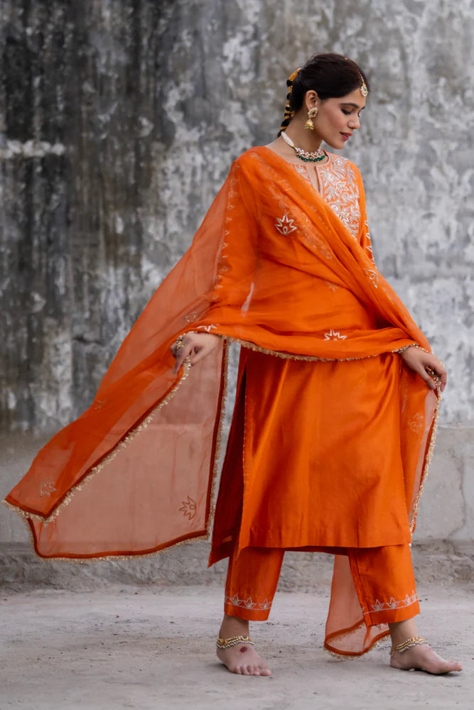 Orange Marori Work Straight Kurta Set