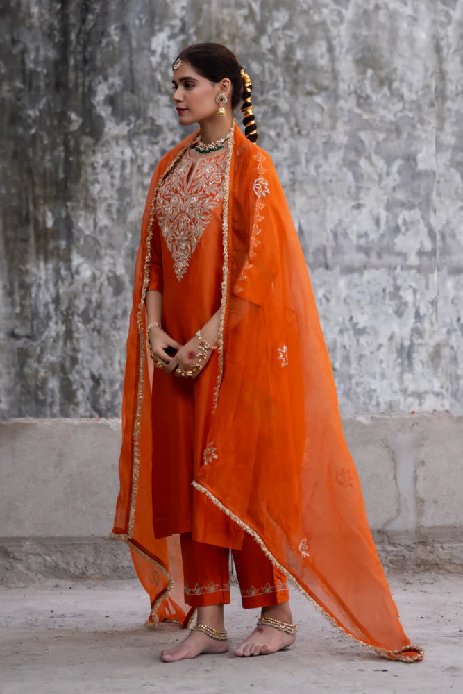 Orange Marori Work Straight Kurta Set