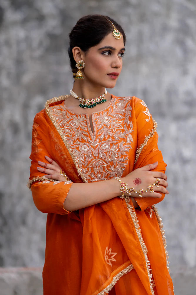 Orange Marori Work Straight Kurta Set