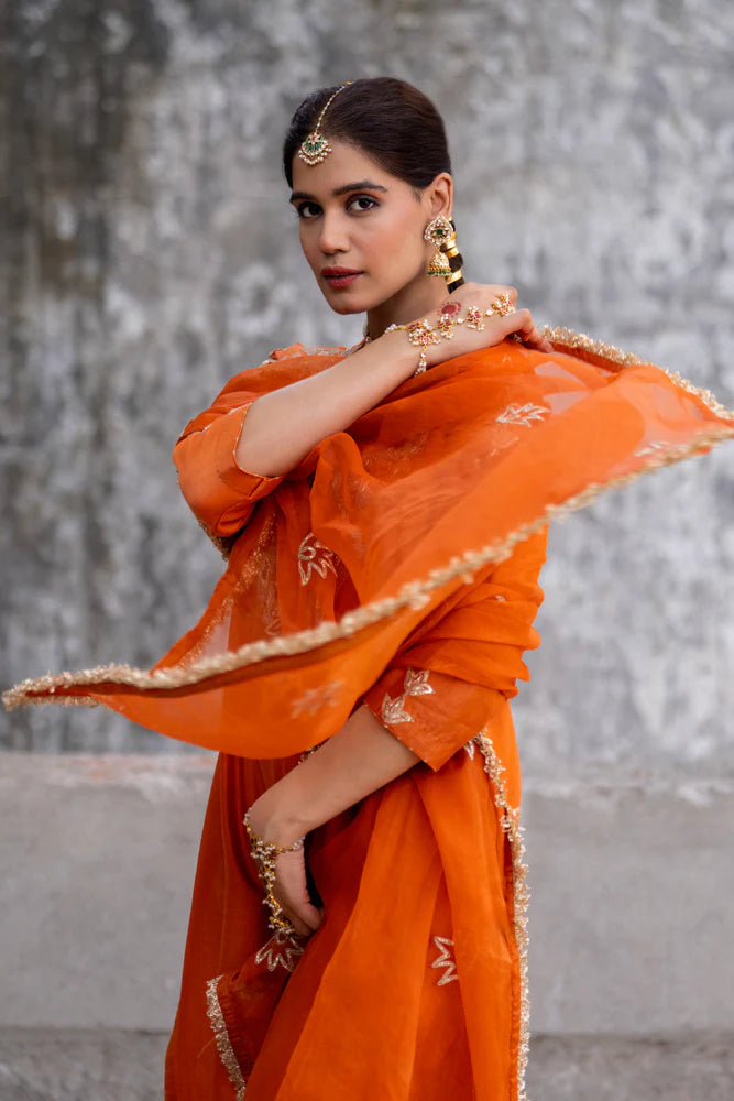 Orange Marori Work Straight Kurta Set