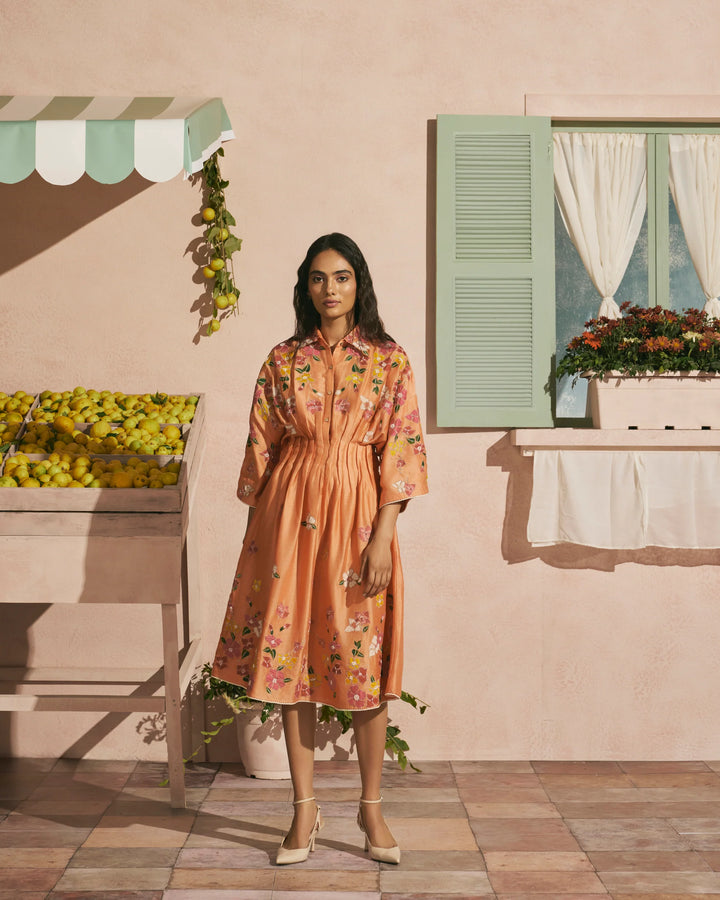 Orange Bougainvillea Pleated Dress
