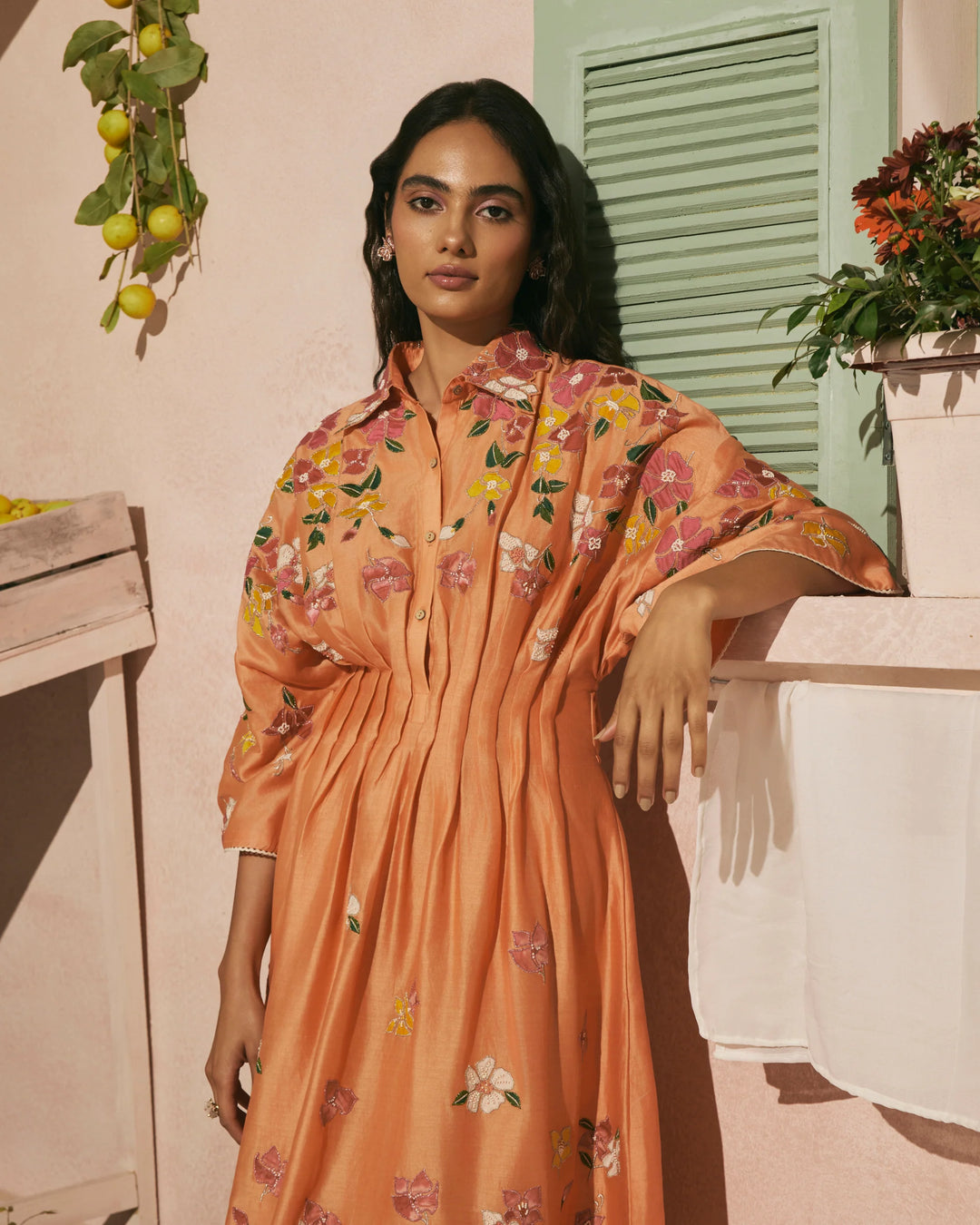 Orange Bougainvillea Pleated Dress