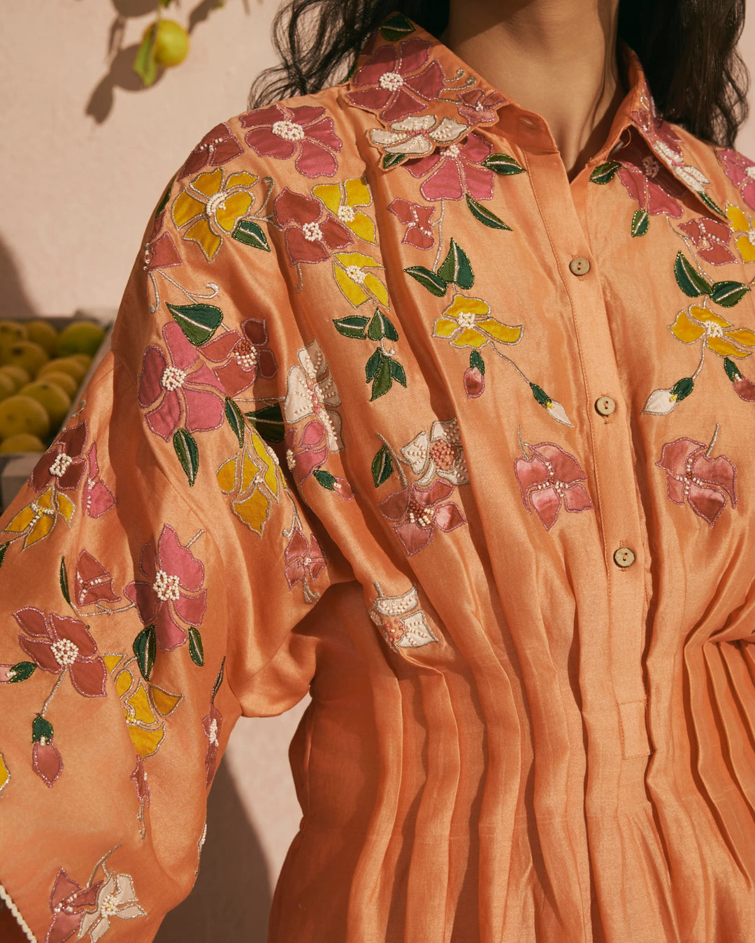 Orange Bougainvillea Pleated Dress