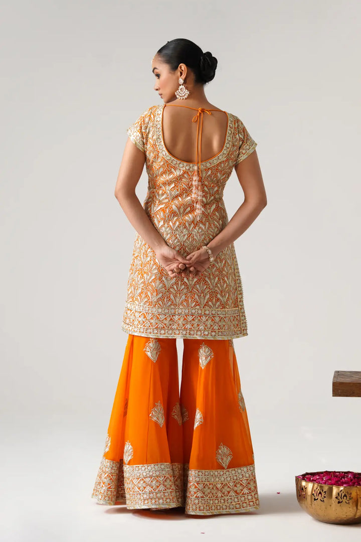 Dilruba - Short Kurta Sharara Set - Orange