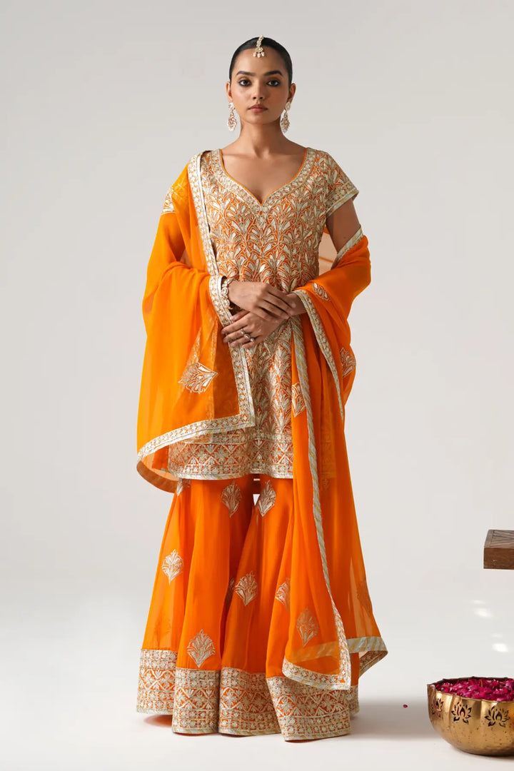Dilruba - Short Kurta Sharara Set - Orange