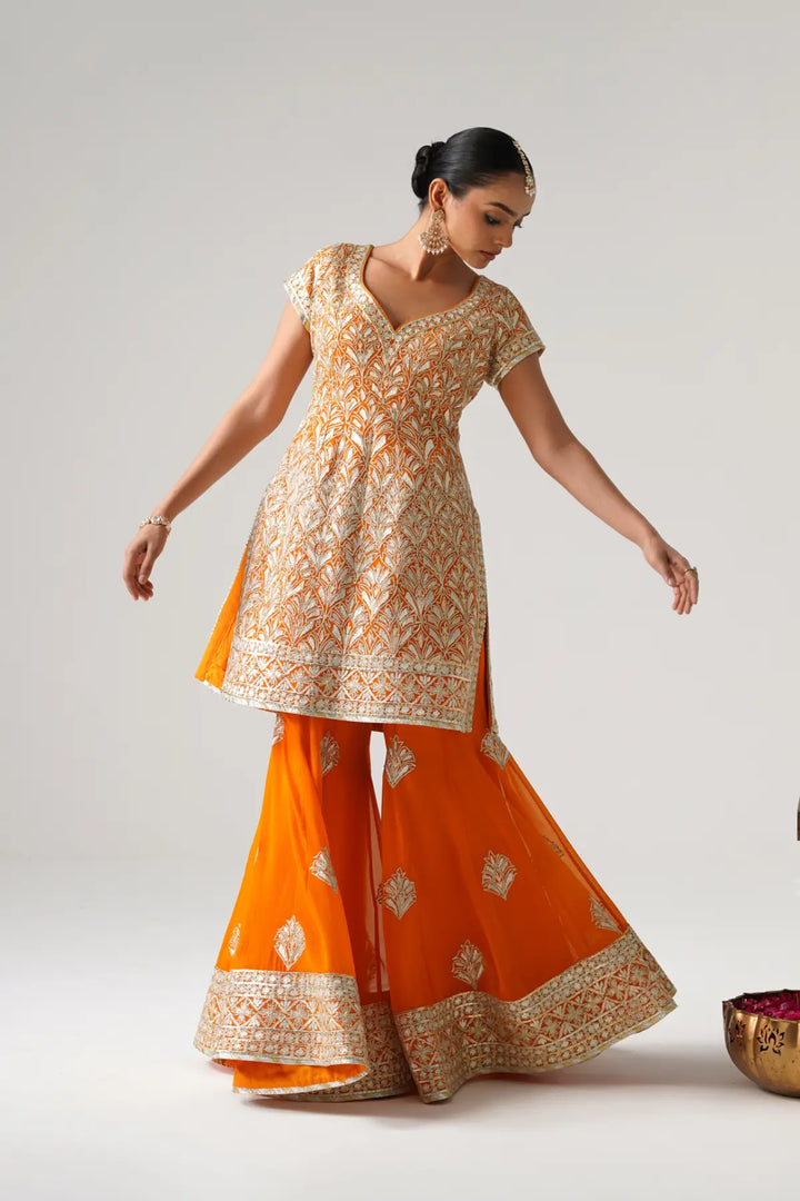 Dilruba - Short Kurta Sharara Set - Orange