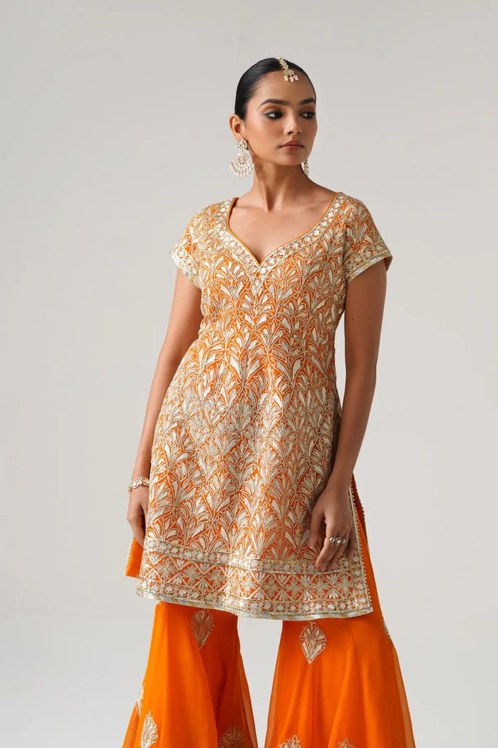 Dilruba - Short Kurta Sharara Set - Orange