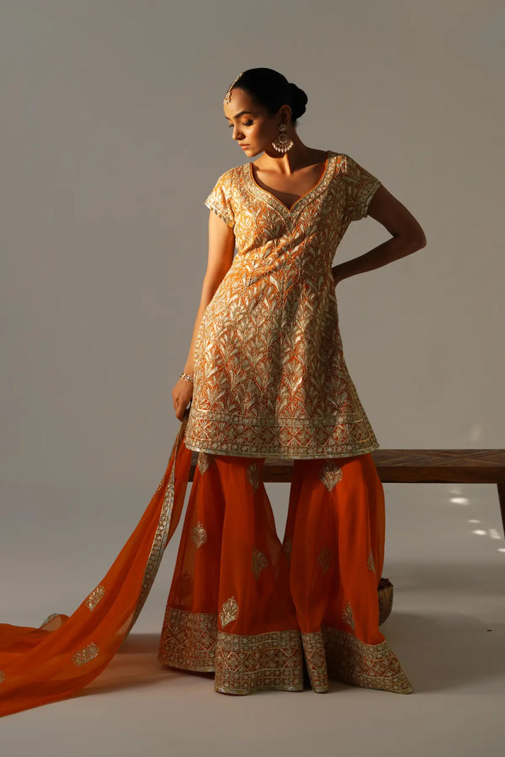 Dilruba - Short Kurta Sharara Set - Orange