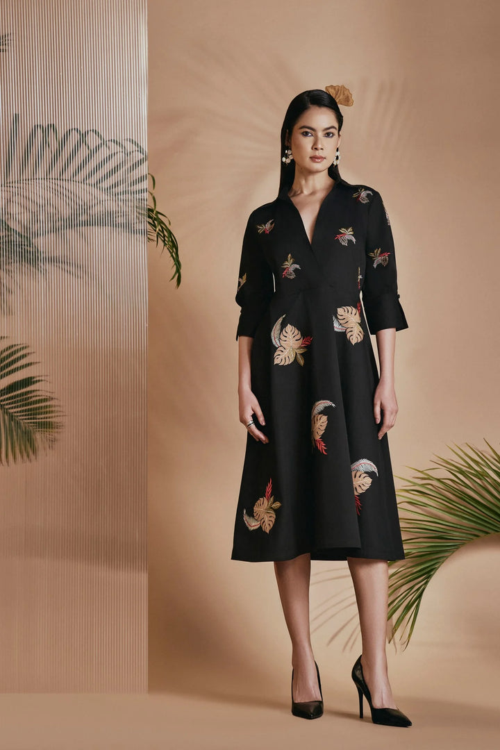 Origani Black Tropical A-Line Flare Dress
