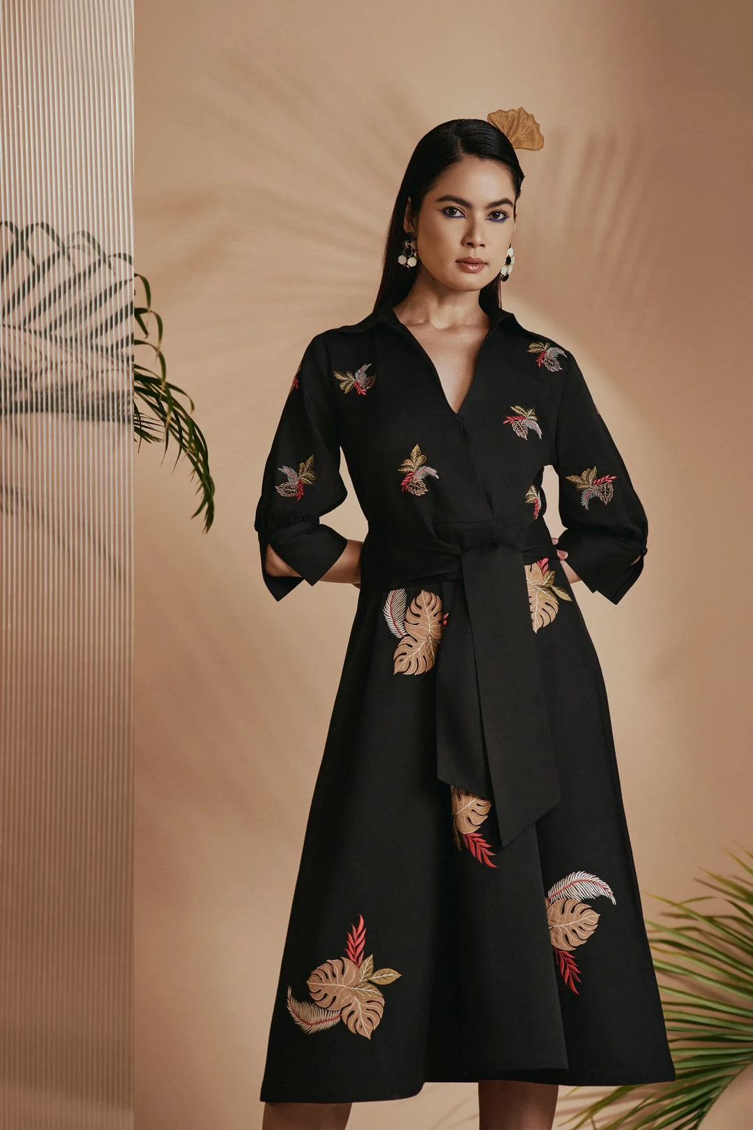 Origani Black Tropical A-Line Flare Dress