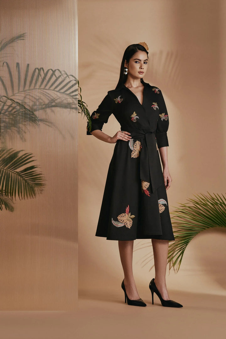 Origani Black Tropical A-Line Flare Dress