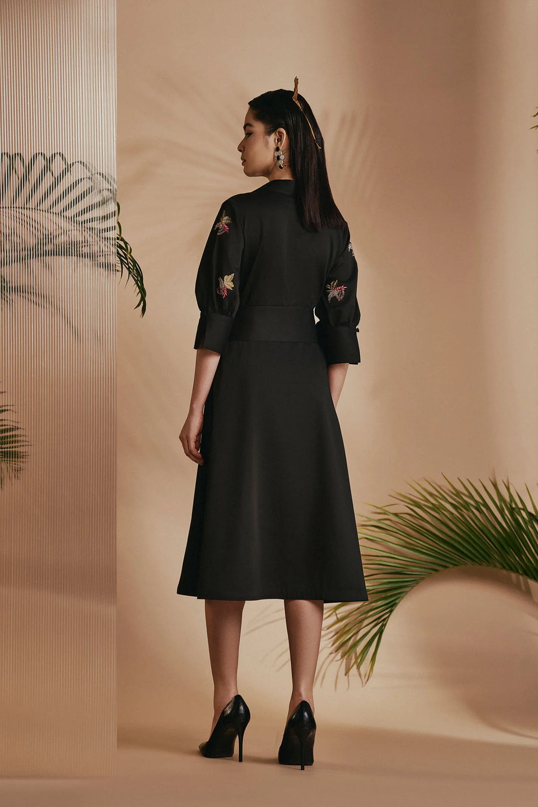 Origani Black Tropical A-Line Flare Dress
