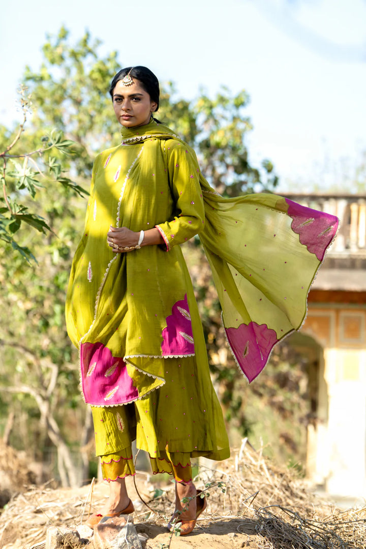 Olive Rani Khajur Booti Anarkali Suit Set