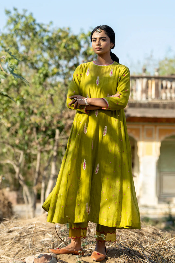Olive Rani Khajur Booti Anarkali Suit Set