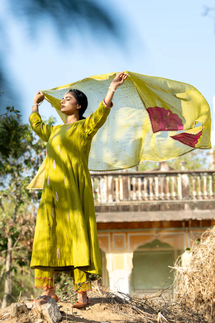 Olive Rani Khajur Booti Anarkali Suit Set