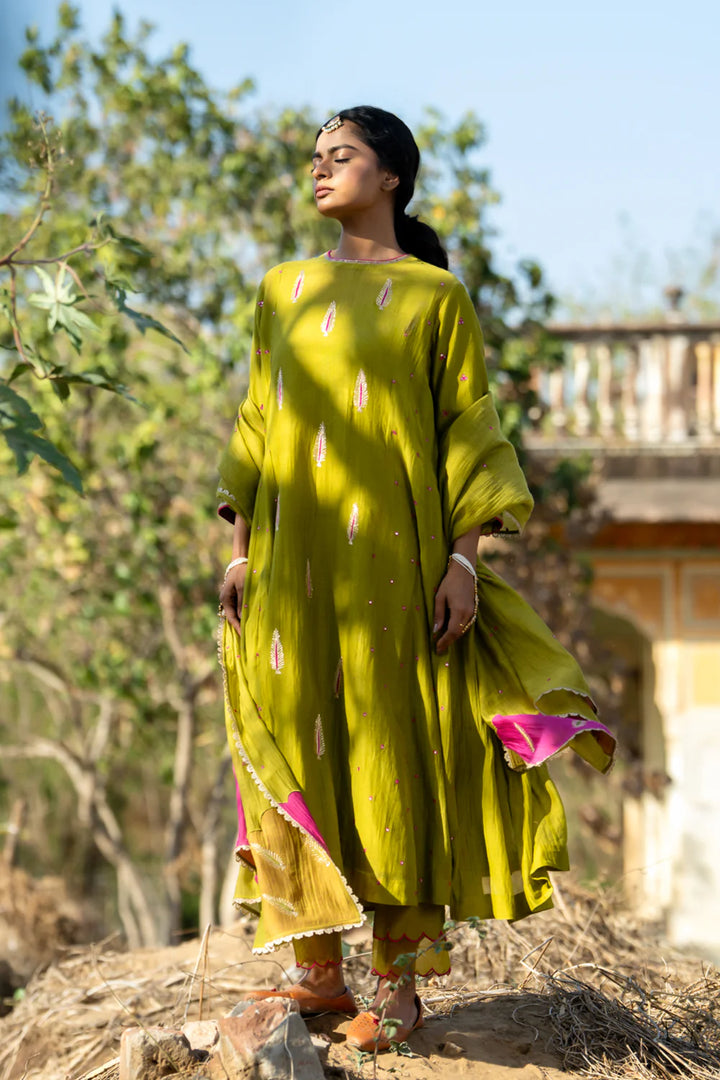 Olive Rani Khajur Booti Anarkali Suit Set