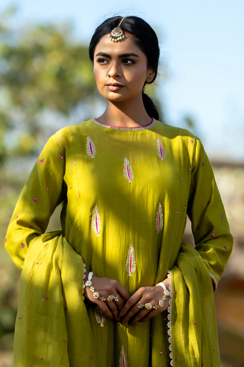 Olive Rani Khajur Booti Anarkali Suit Set