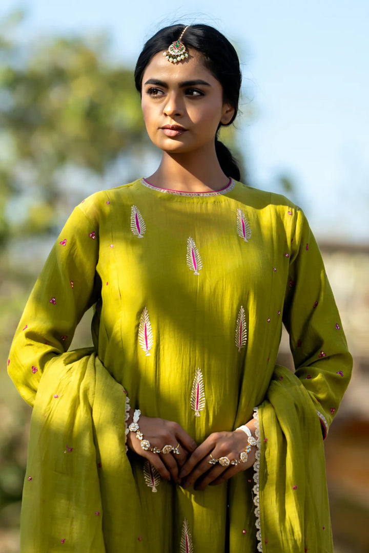 Olive Rani Khajur Booti Anarkali Suit Set