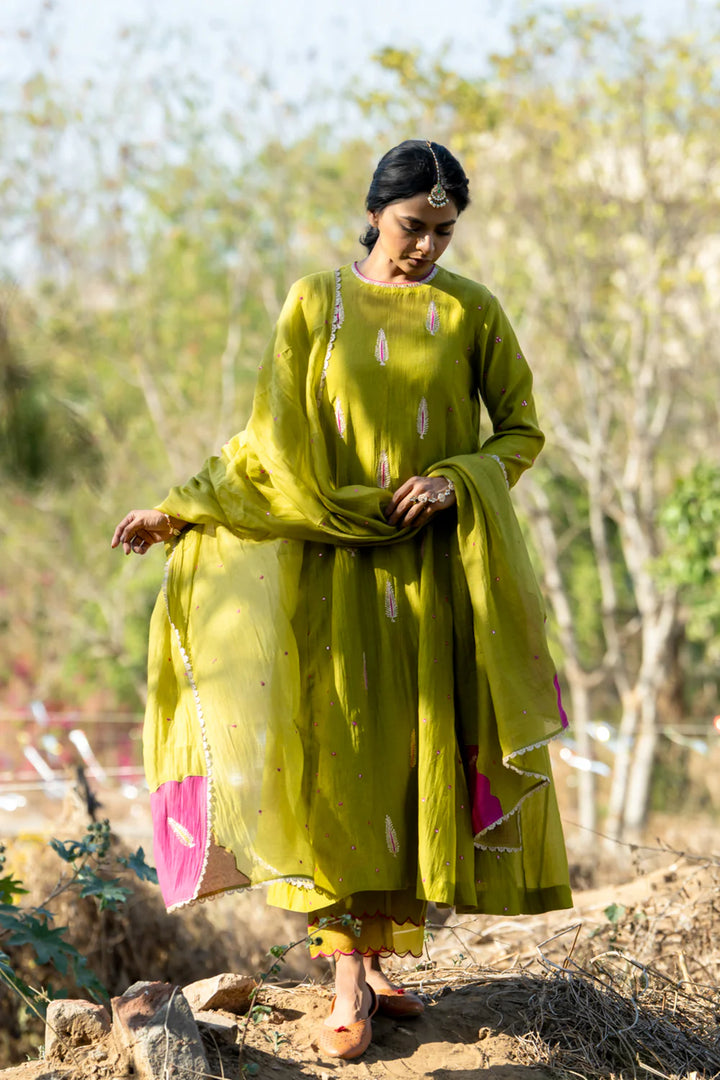 Olive Rani Khajur Booti Anarkali Suit Set