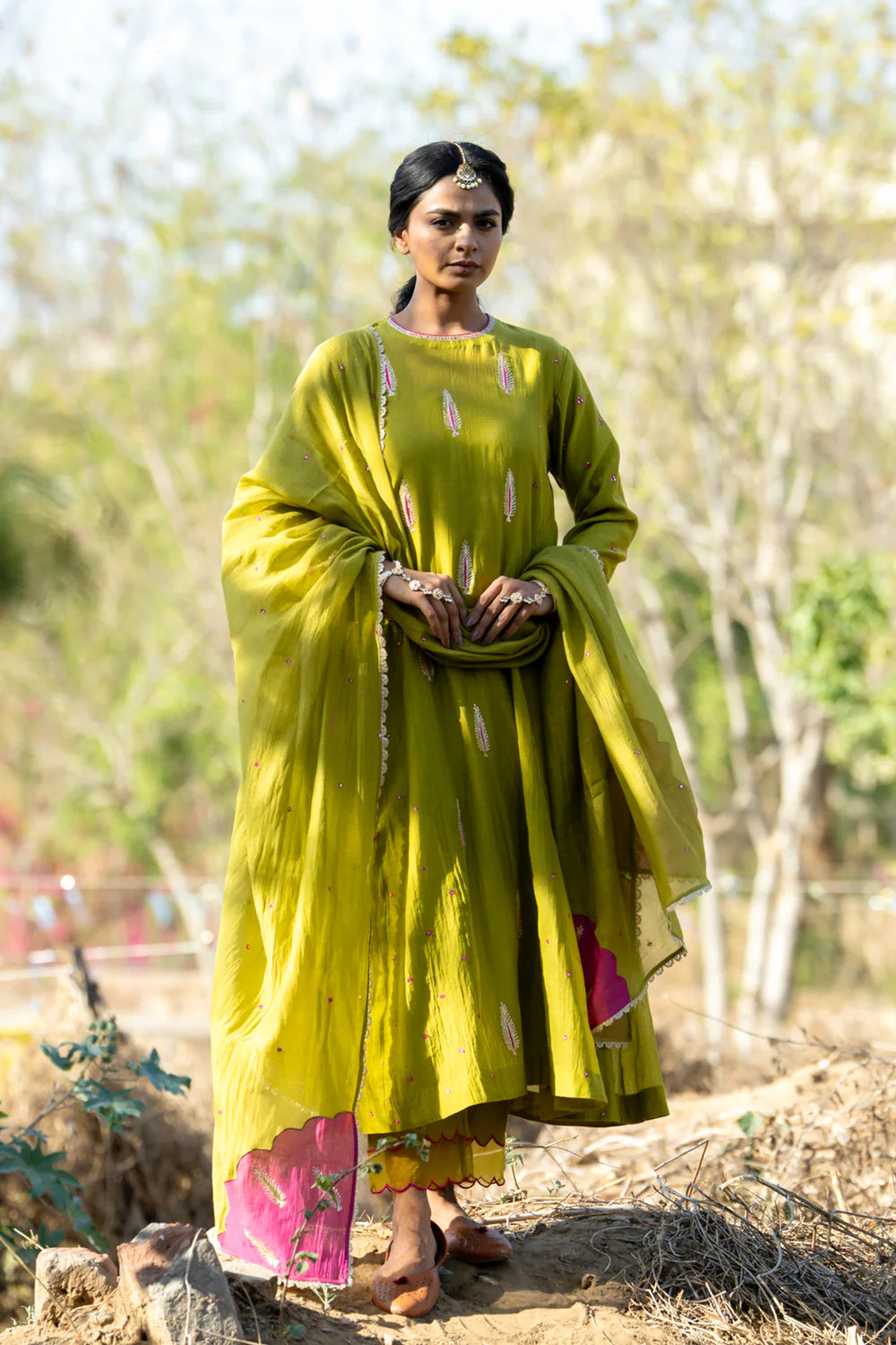 Olive Rani Khajur Booti Anarkali Suit Set