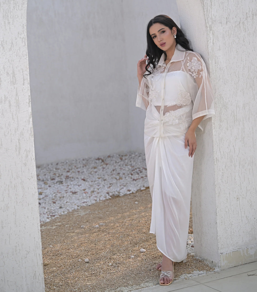 Pearl Petal Shirt with Knot Skirt Set