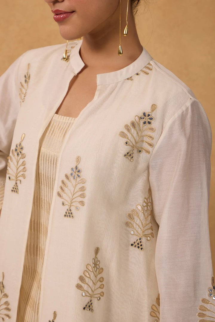 Off-White High-Low Embroidered Jacket Set with Tissue Inner and Pants