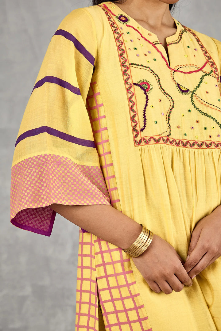 Olive Yellow Long Abstract Yoke Kurta Set