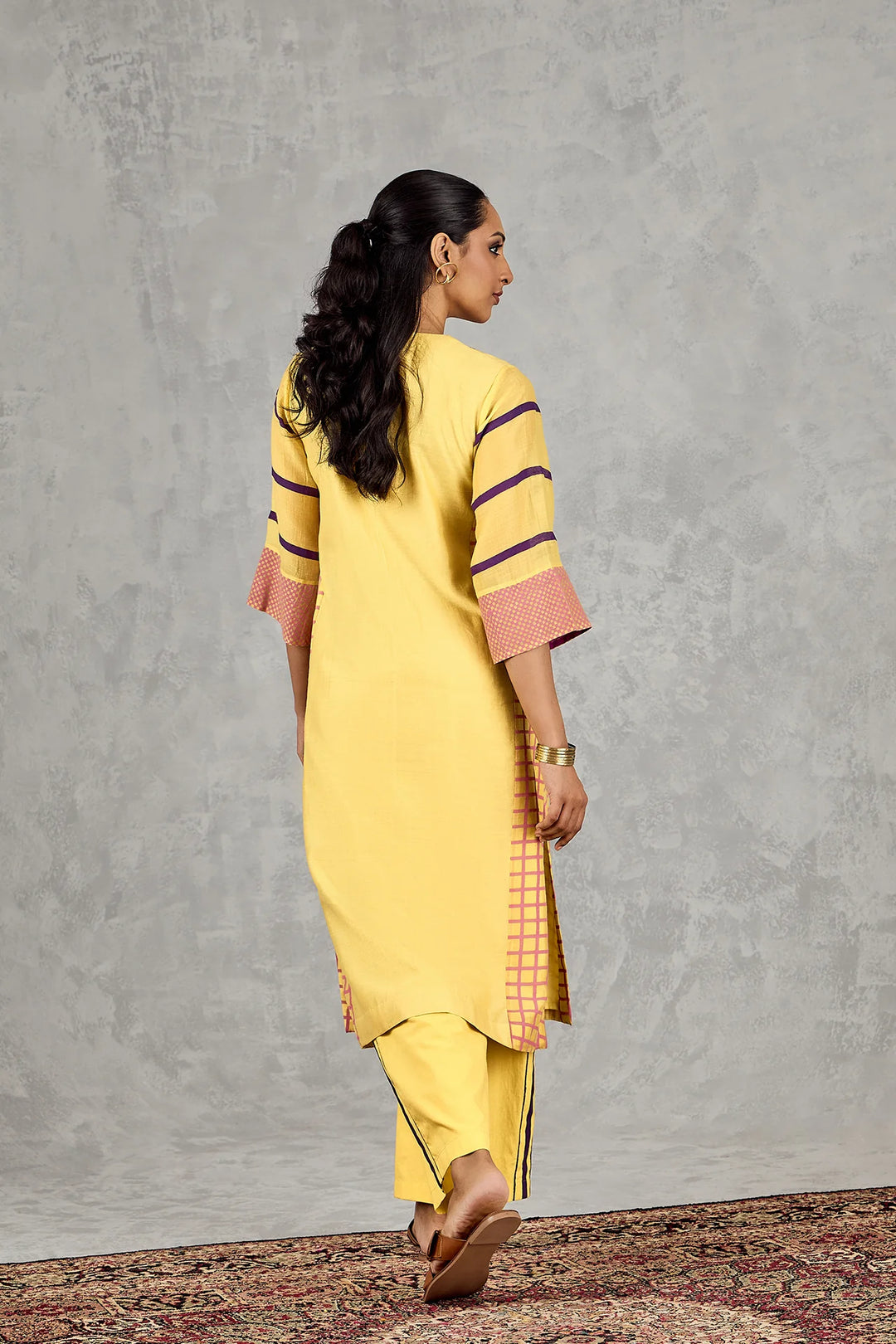 Olive Yellow Long Abstract Yoke Kurta Set