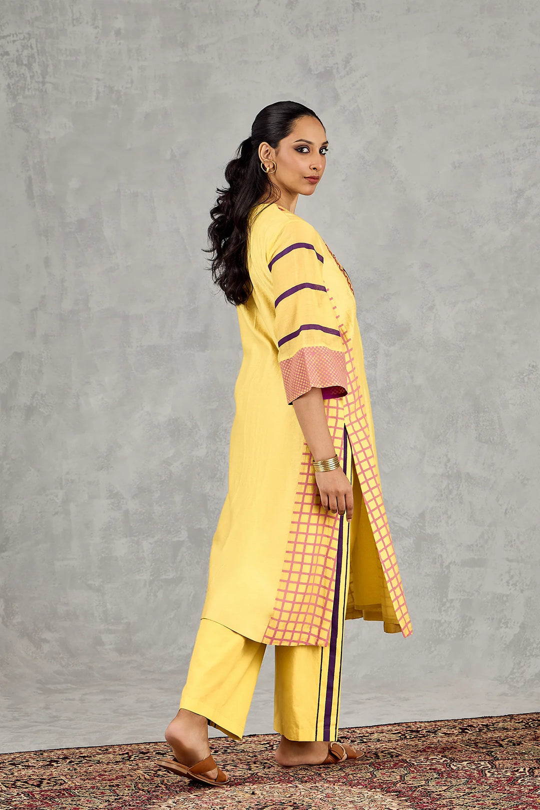 Olive Yellow Long Abstract Yoke Kurta Set