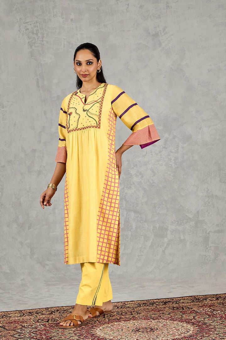 Olive Yellow Long Abstract Yoke Kurta Set