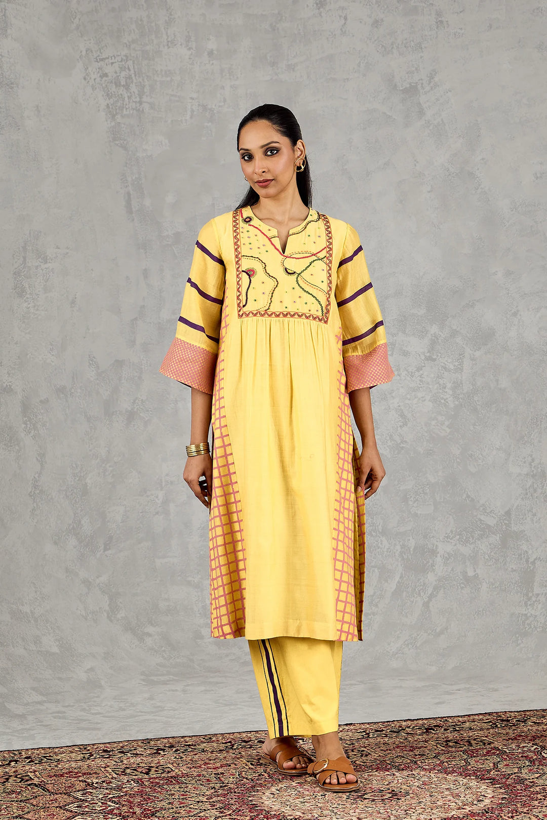 Olive Yellow Long Abstract Yoke Kurta Set