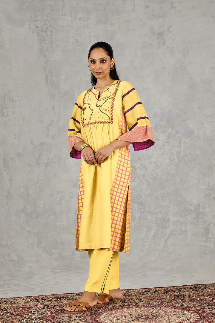 Olive Yellow Long Abstract Yoke Kurta Set