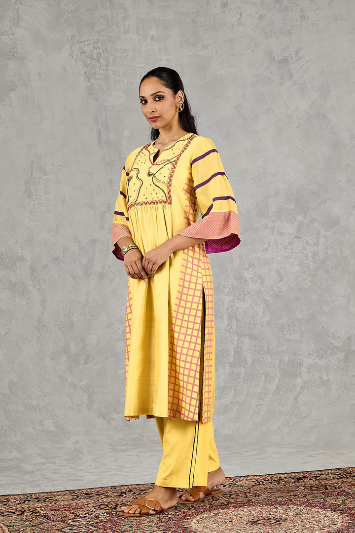Olive Yellow Long Abstract Yoke Kurta Set