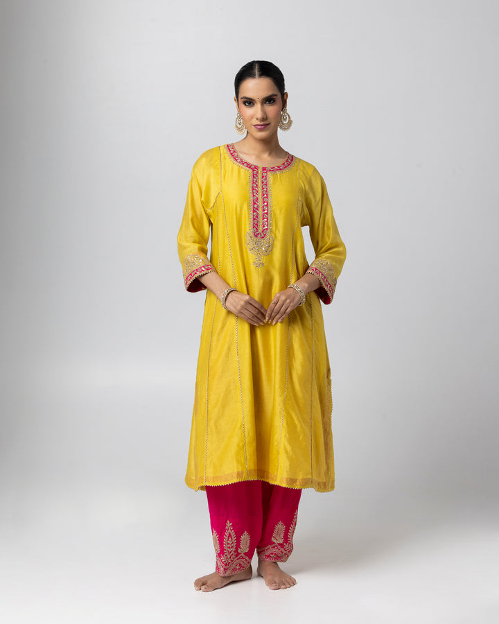 bright yellow silk chanderi embroidered kurta