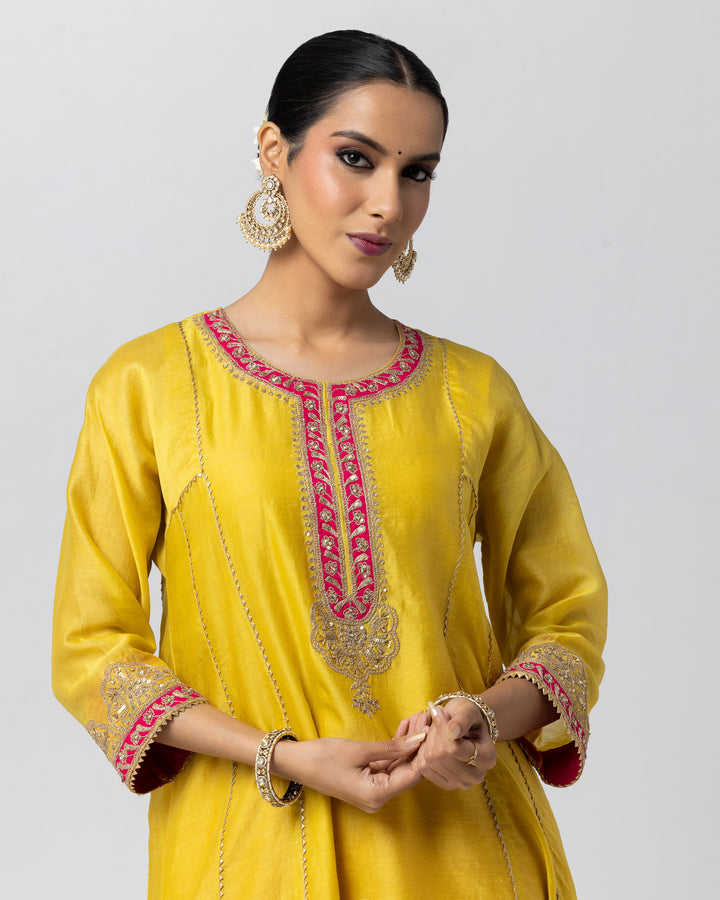 bright yellow silk chanderi embroidered kurta with cotton silk salwar
