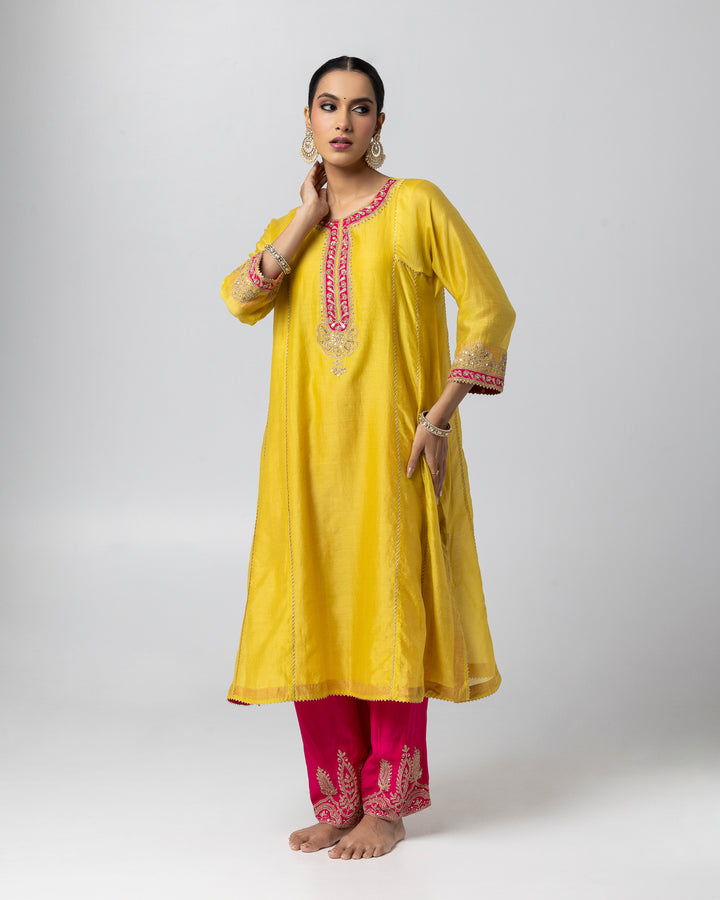 bright yellow silk chanderi embroidered kurta