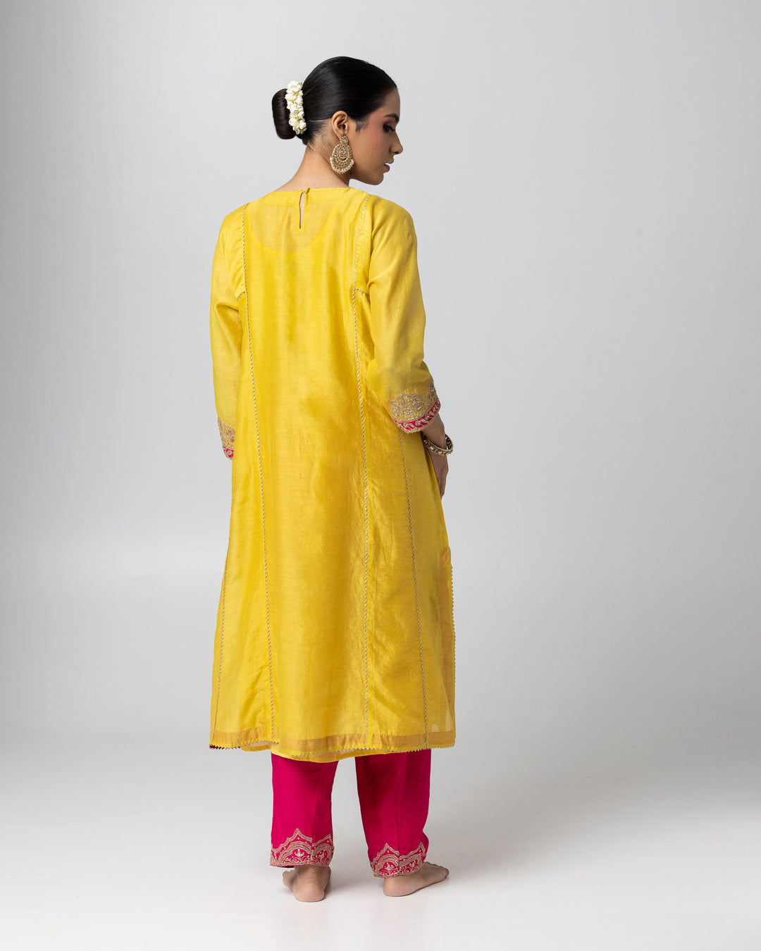 bright yellow silk chanderi embroidered kurta with cotton silk salwar