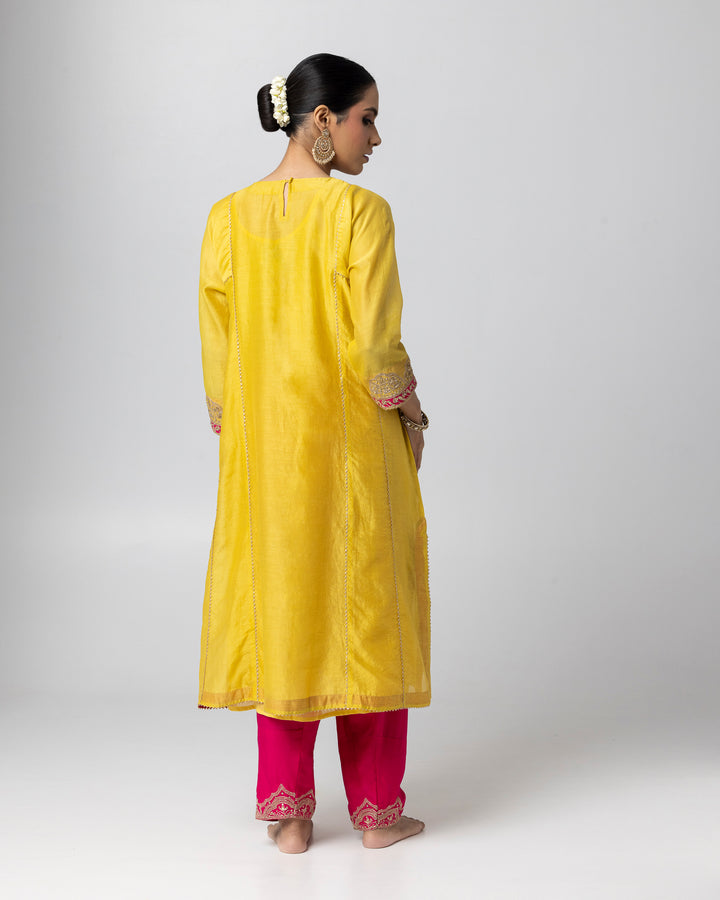 bright yellow silk chanderi embroidered kurta with cotton silk salwar