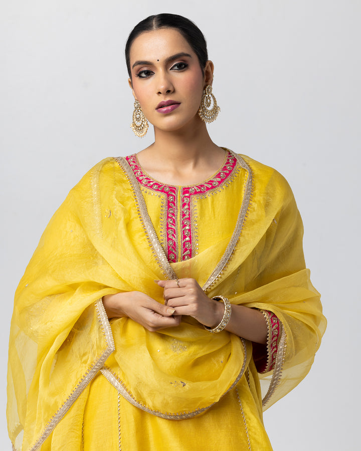 bright yellow embroidered silk organza dupatta