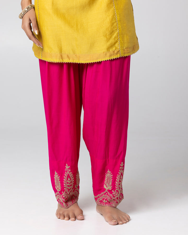 bright yellow silk chanderi embroidered kurta with cotton silk salwar