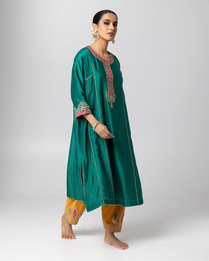 green silk chanderi embroidered kurta with cotton silk salwar