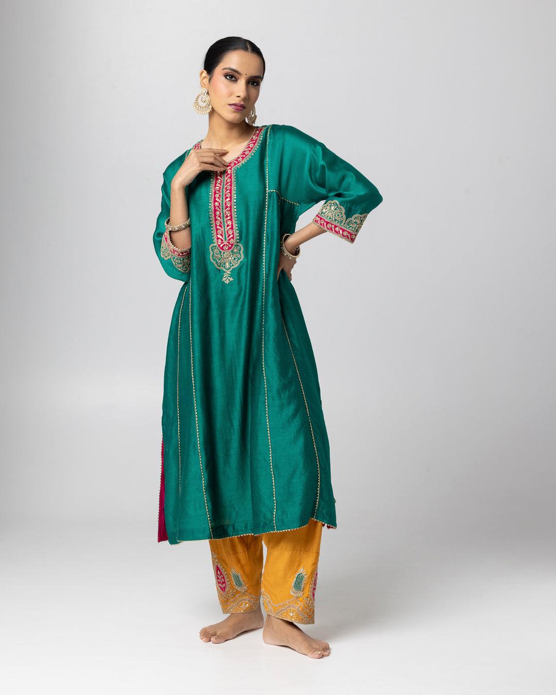 green silk chanderi embroidered kurta