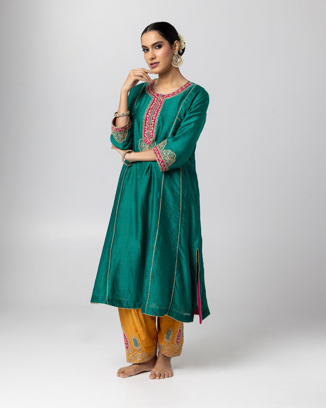 green silk chanderi embroidered kurta