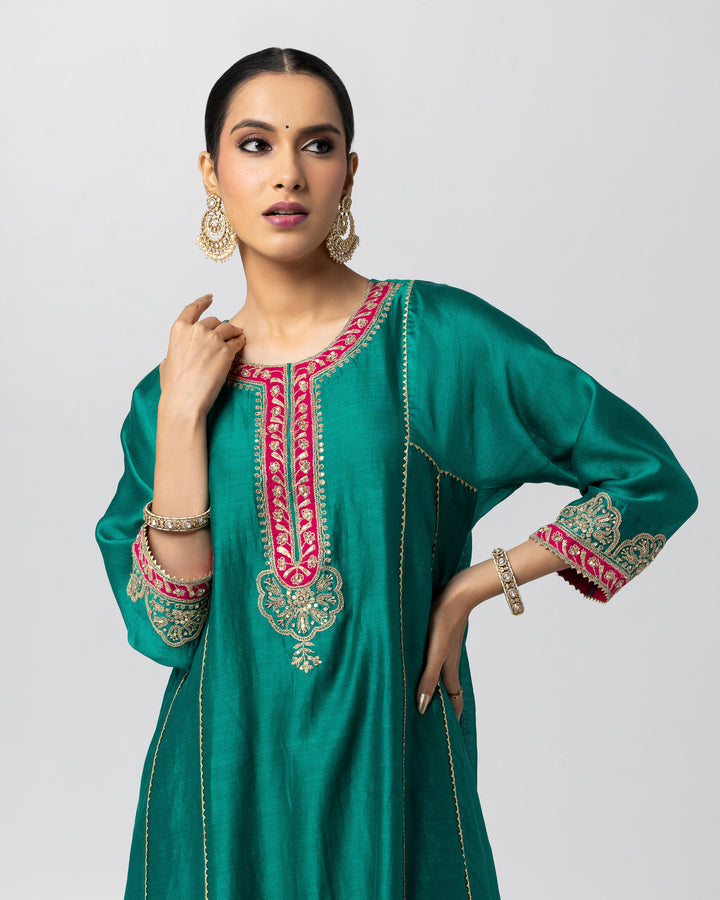 green silk chanderi embroidered kurta with cotton silk salwar